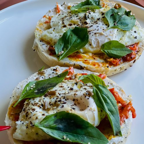 Carrot Pickle, Cottage Cheese & Fried Egg Bagel with Fresh Basil