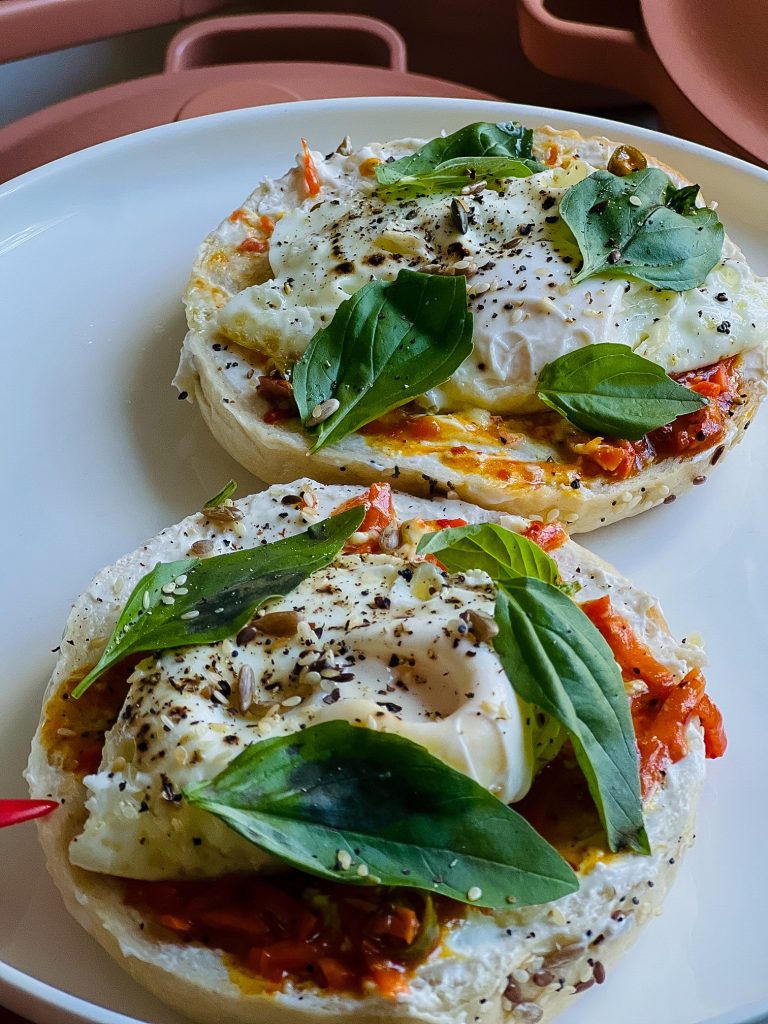 Carrot Pickle, Cottage Cheese & Fried Egg Bagel with Fresh Basil