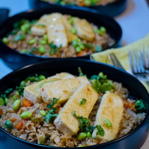 Sticky Plum Tofu & Rice with Edamame Beans & Chilli Flakes