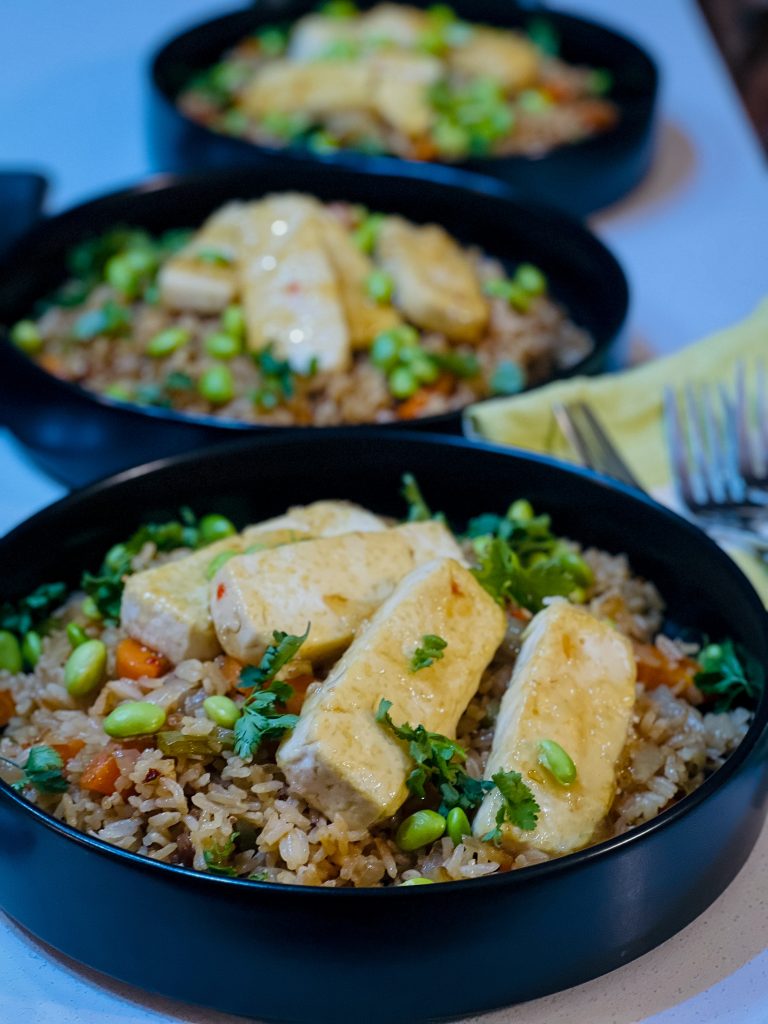 Sticky Plum Tofu & Rice with Edamame Beans & Chilli Flakes